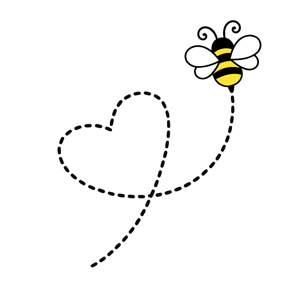Allerbienen Celle - Betreuungsdienst - Eine gezeichnete Biene fliegt nach oben und hinterlässt eine gestrichelte Flugspur in Herzform.