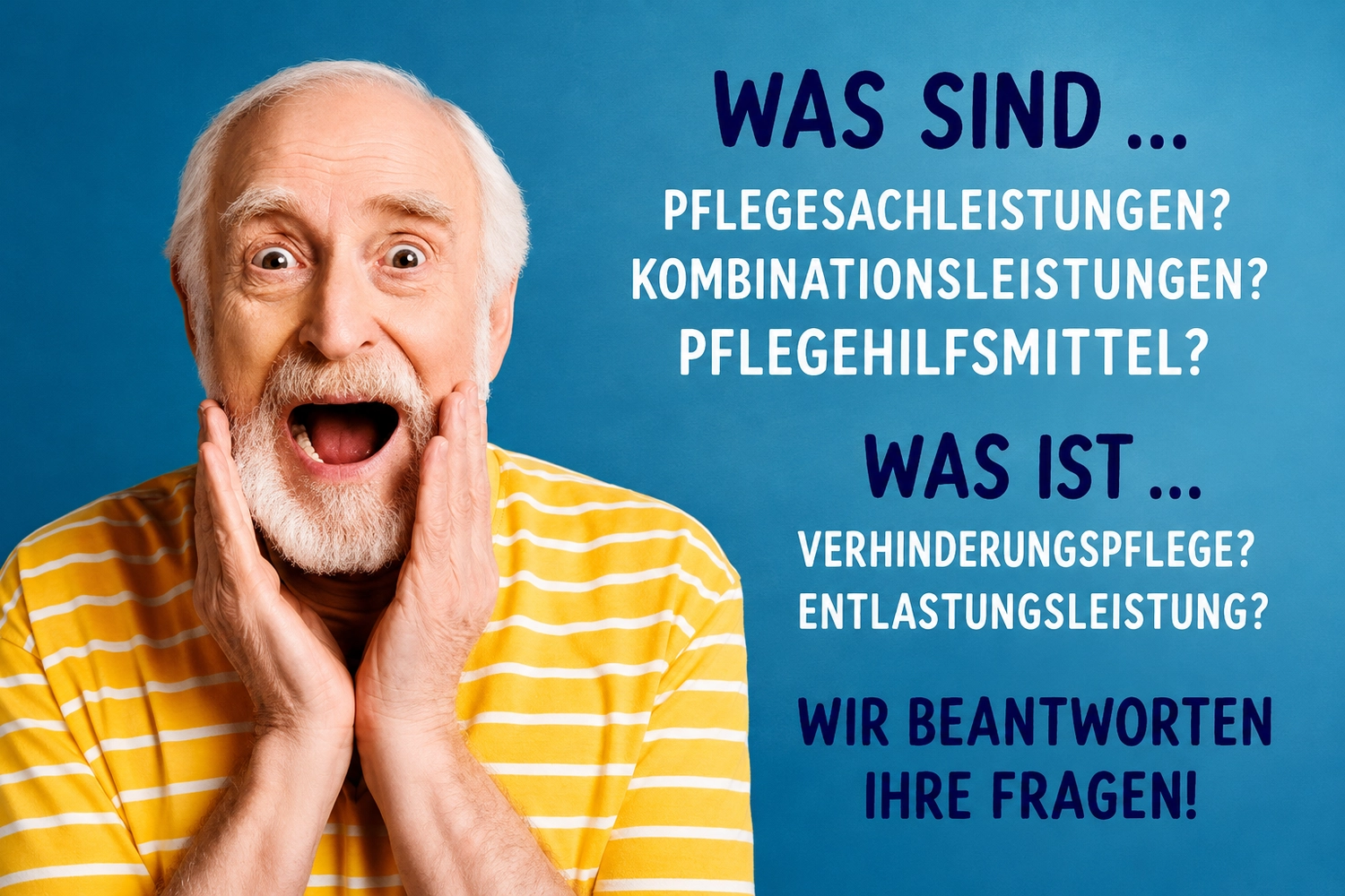 Allerbienen Celle - Betreuungsdienst - Ein ausdrucksvoller, überraschter älterer Mann in einem gelb-weiß gestreiften Hemd neben einem blauen Textfeld.