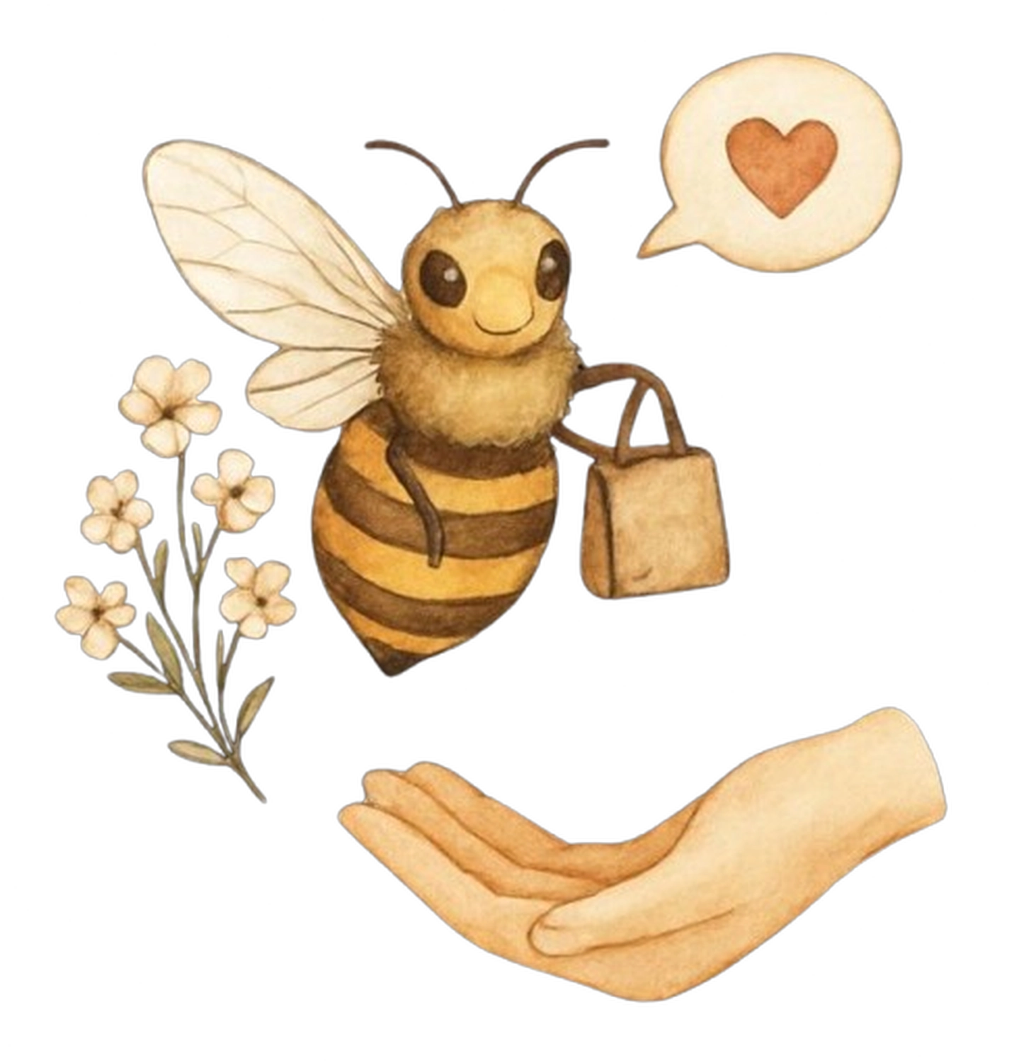 Allerbienen Celle - Betreuungsdienst - Eine Comic-Biene schwebt über einer menschlichen Hand neben einem kleinen Honigeimer und einem Herzsymbol.