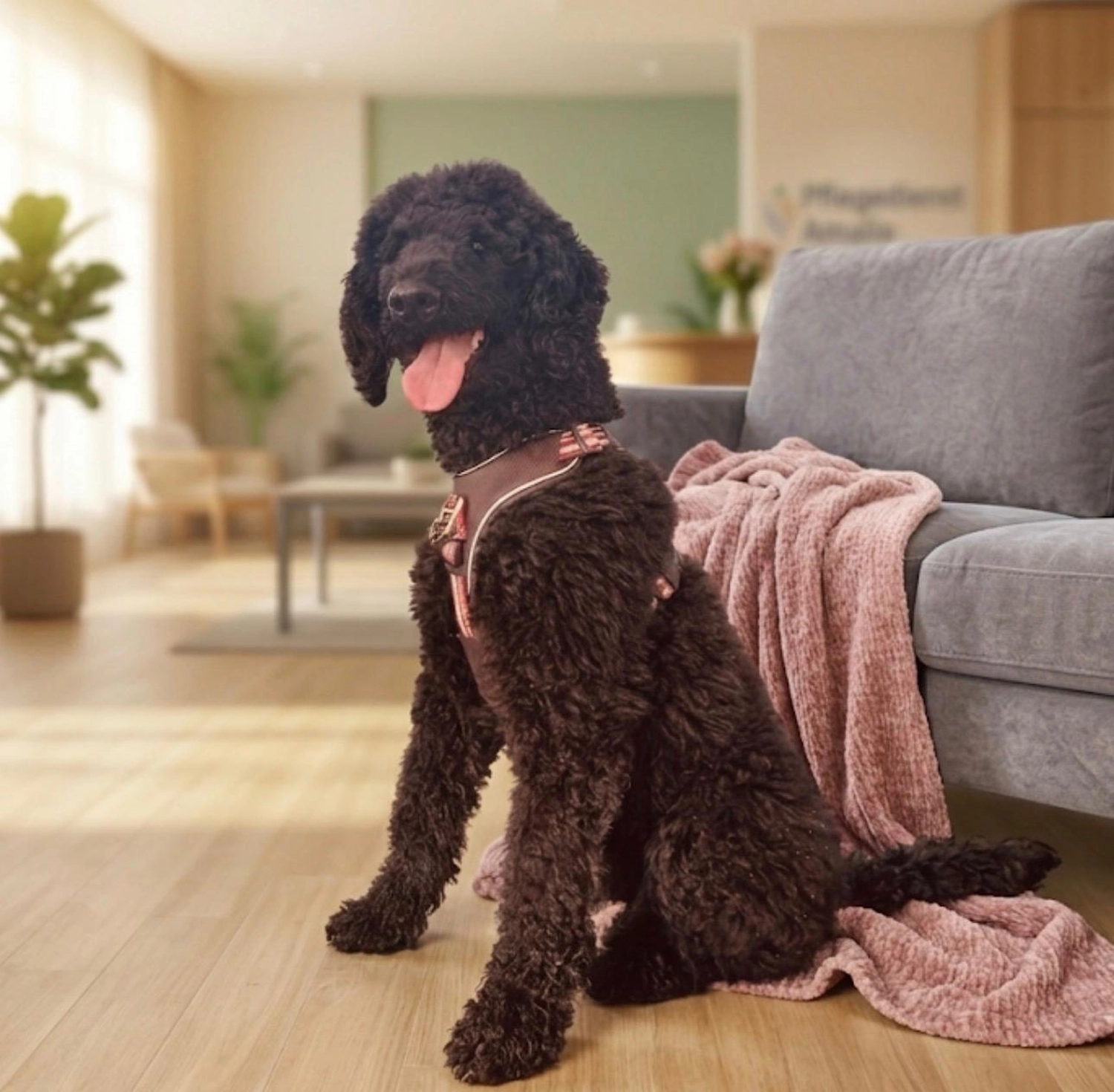 Allerbienen Celle - Betreuungsdienst - Ein schwarzer, lockiger Hund mit Geschirr sitzt auf einem Holzboden neben einem grauen Sofa mit einer rosa Decke.