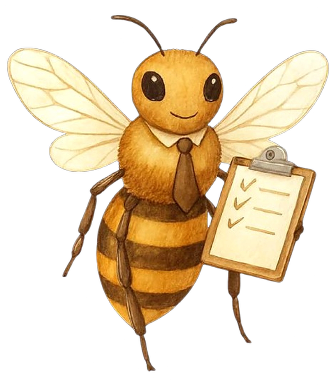 Allerbienen Celle - Betreuungsdienst - Eine Comic-Biene hält ein Klemmbrett und wirkt nachdenklich.