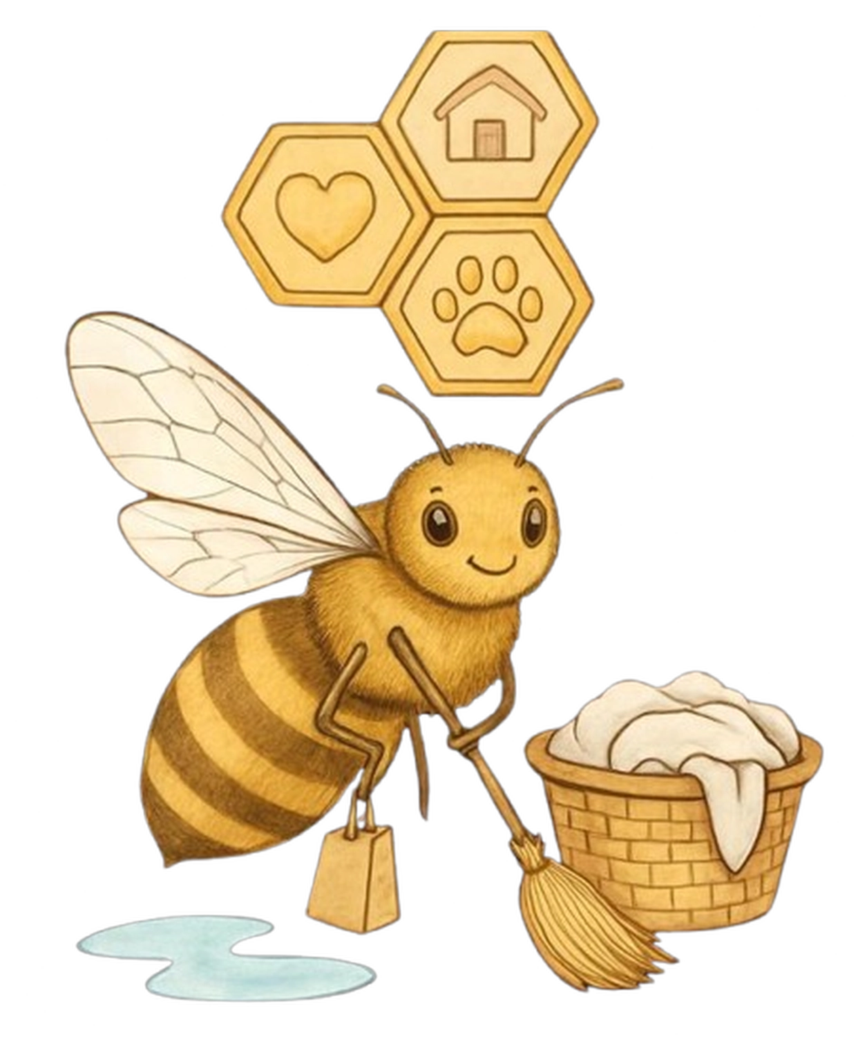 Allerbienen Celle - Betreuungsdienst - Eine Comic-Biene fliegt in der Nähe einer Honigwabe und eines kleinen Topfes mit tropfendem Honig.